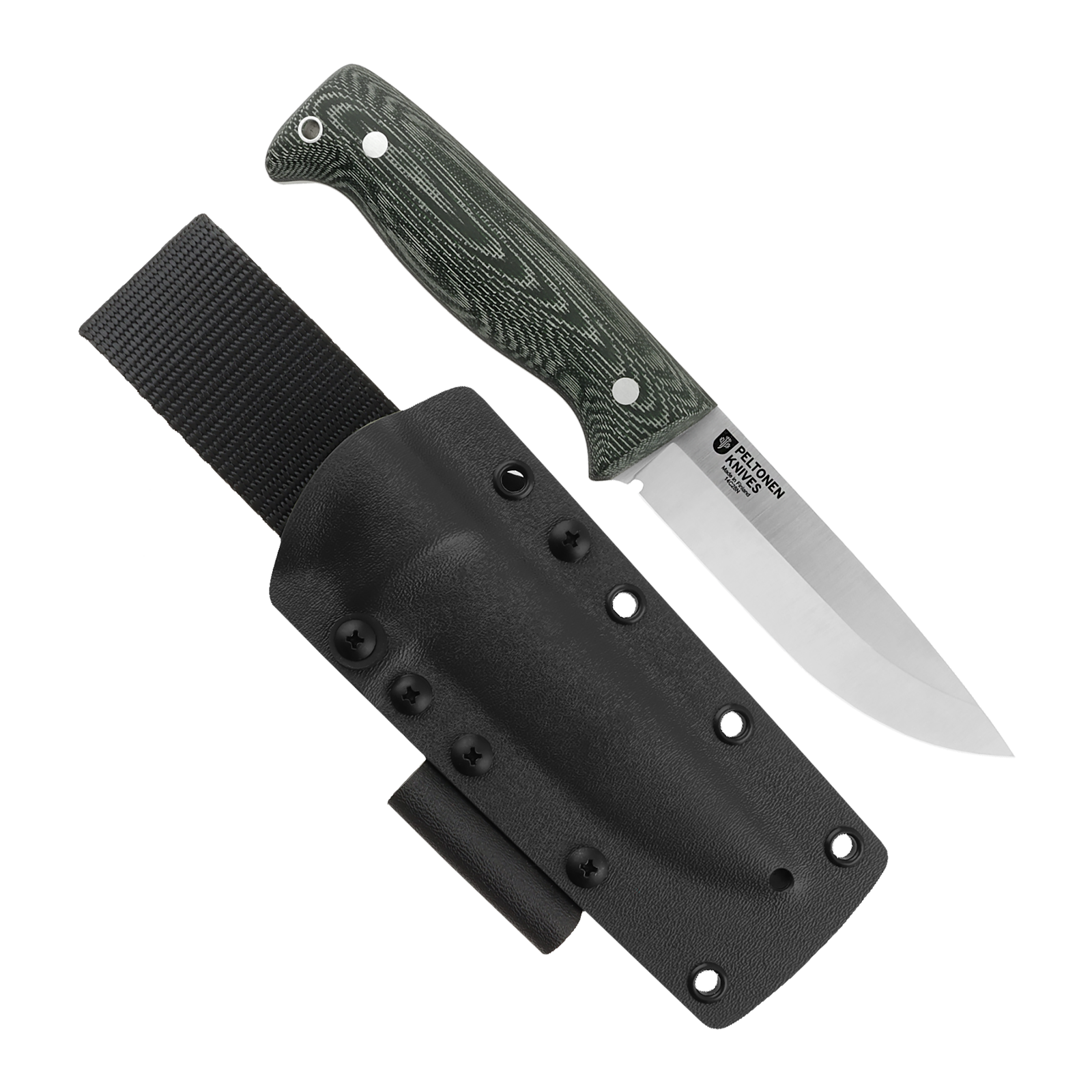 Peltonen Knives - M07 Full Tang 14C28N, Green Micarta Handle, Black Kydex Sheath