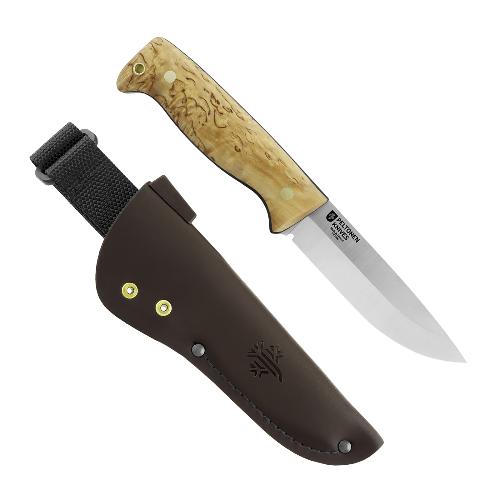 Peltonen Knives - M07 Full Tang 14C28N, Curly Birch Handle, Brown Leather Sheath