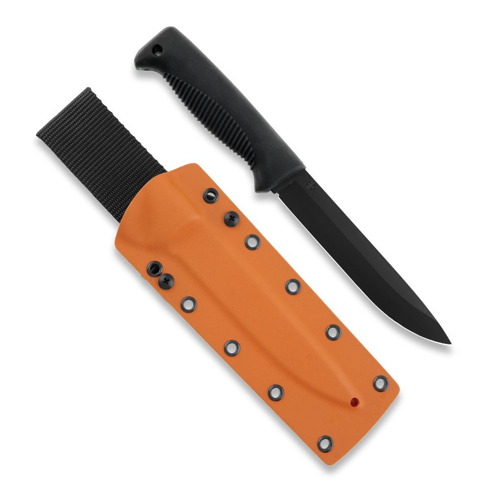 Peltonen Knives - M95 Ranger Puukko 80CrV2 Black Cerakote, Black Handle, Orange Kydex Sheath