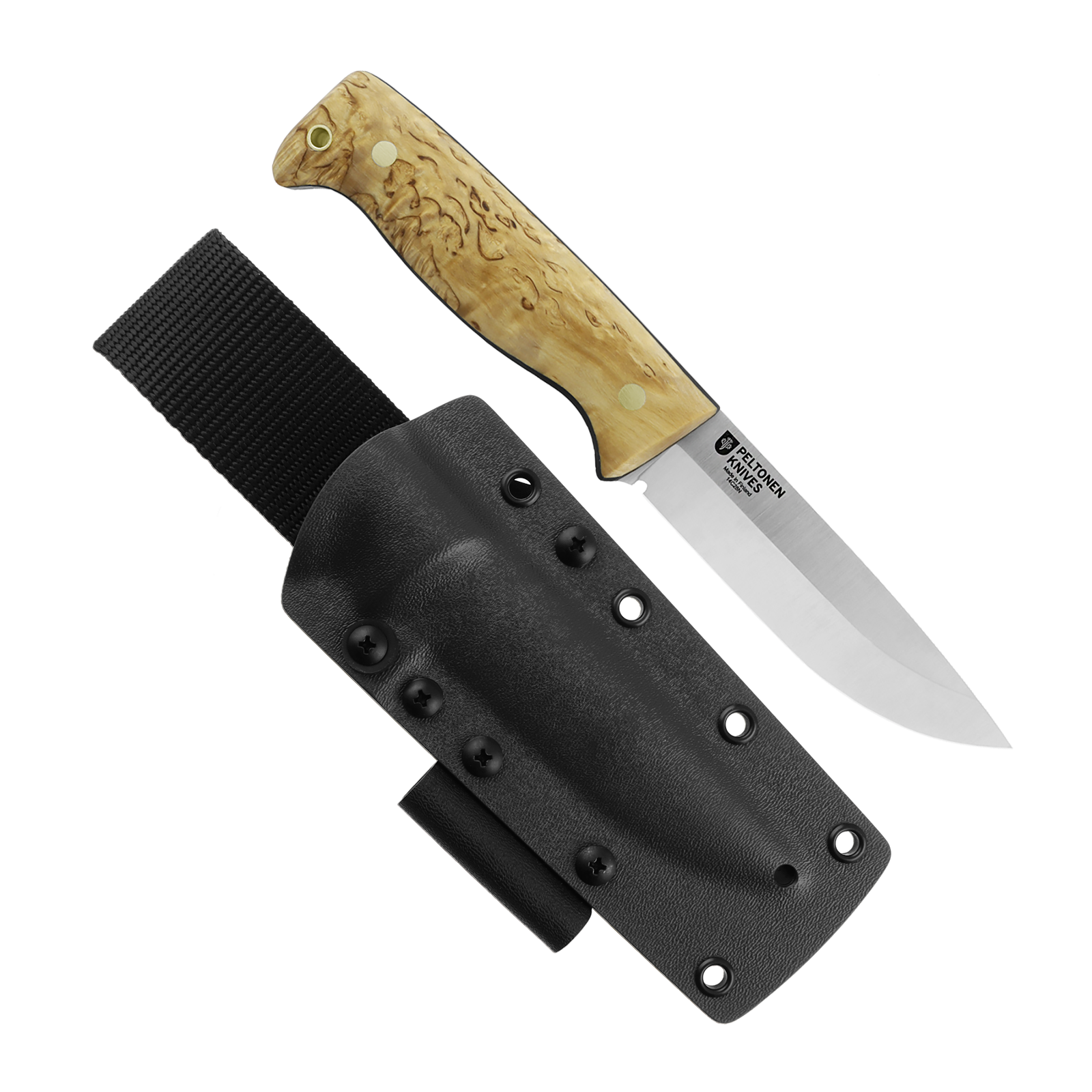 Peltonen Knives - M07 Full Tang 14C28N, Curly Birch Handle, Black Kydex Sheath