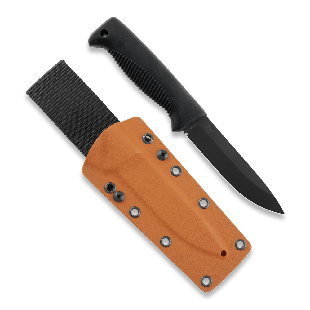 Peltonen Knives - M07 Ranger Puukko 80CrV2 Black Cerakote, Black Handle, Orange Kydex Sheath