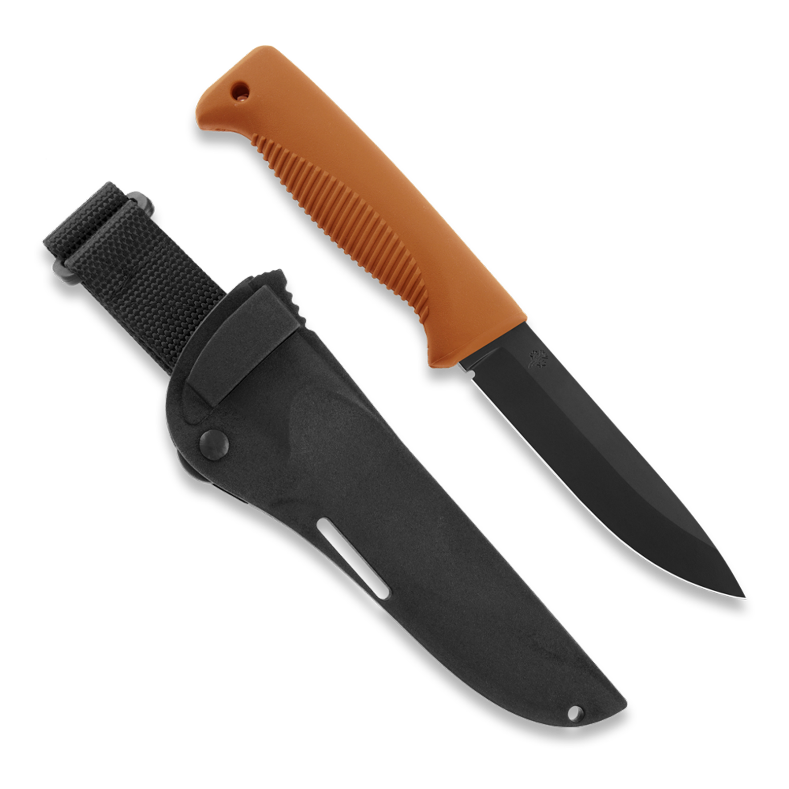 Peltonen Knives - M07 Ranger Puukko 80CrV2 Black Cerakote, Orange Handle, Black Composite Sheath