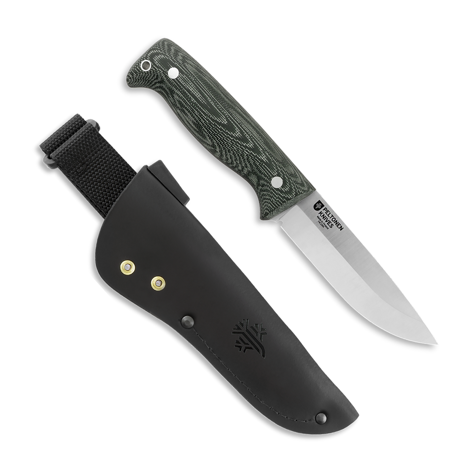 Peltonen Knives - M07 Full Tang 14C28N, Green Micarta Handle, Black Leather Sheath