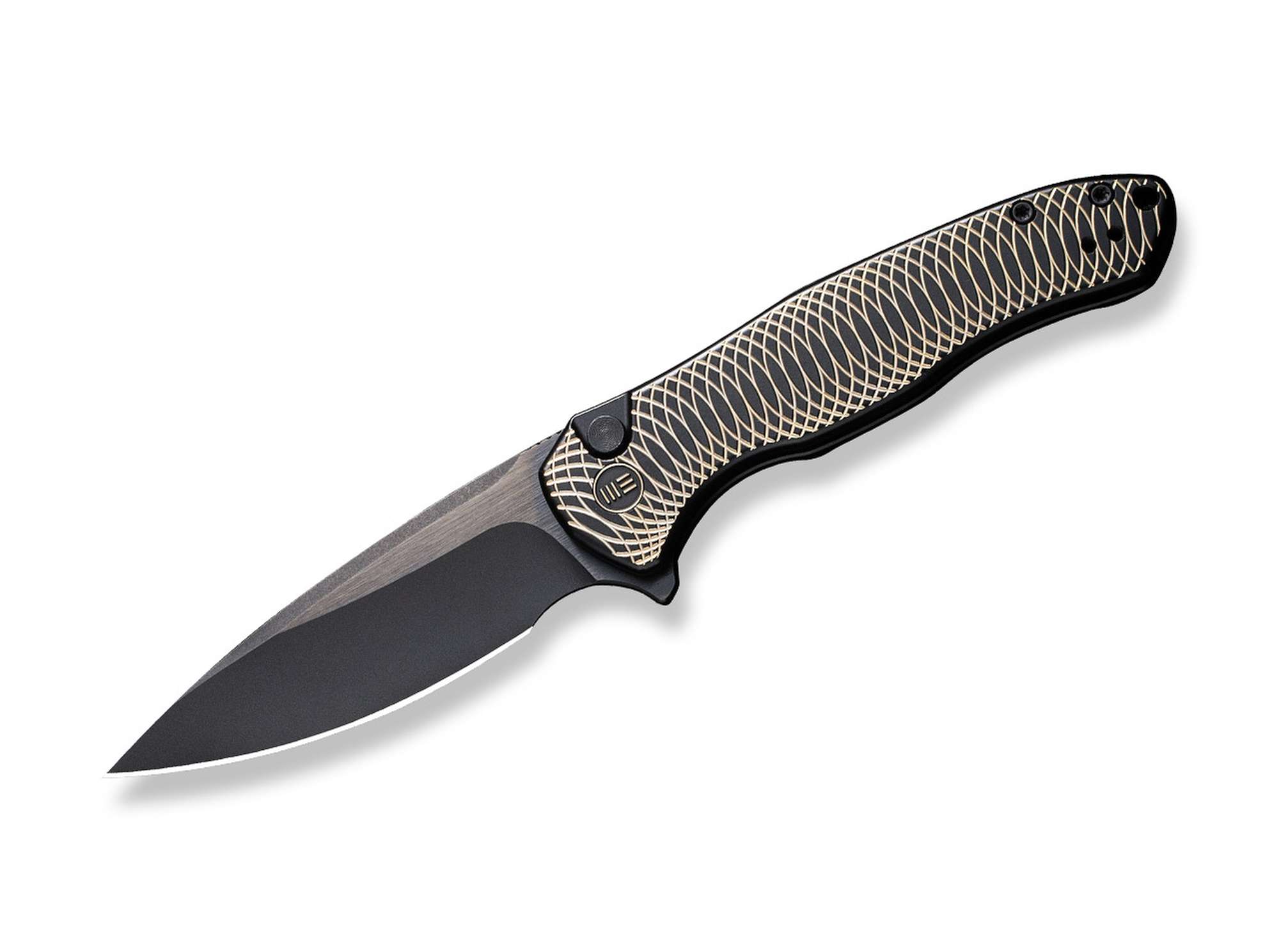 WE Knife Button Lock Kitefin Titanium Black & Golden Ripple