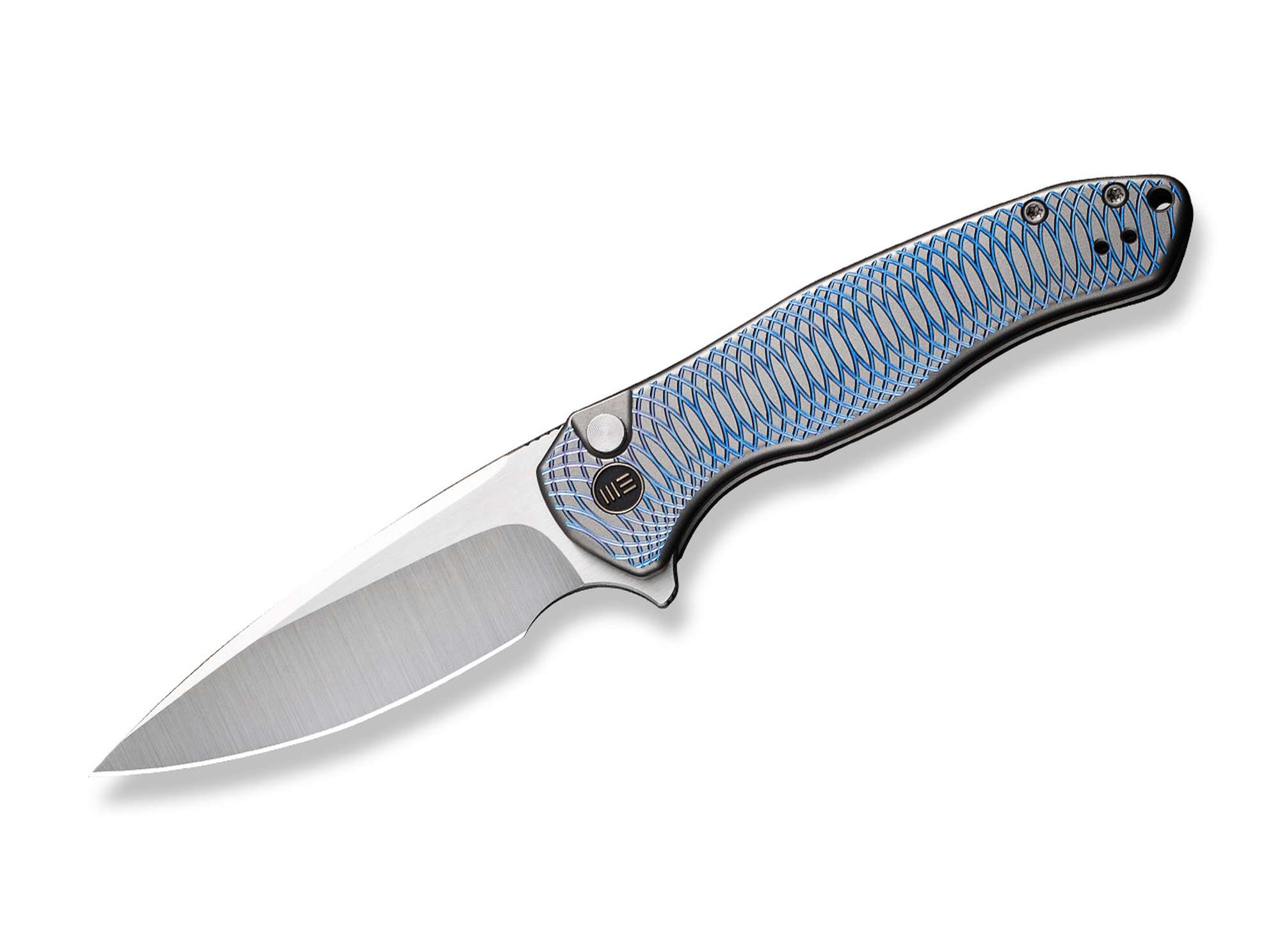 WE Knife Button Lock Kitefin Titanium Satin Grey & Blue